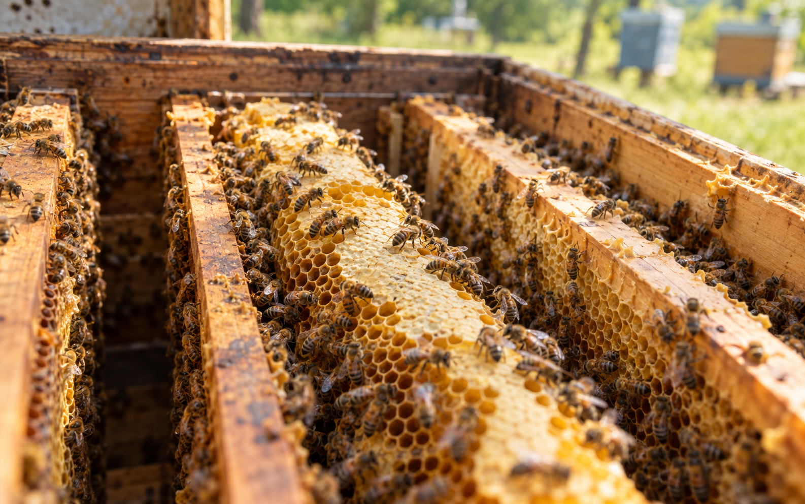 Abeilles sur les cadres et les rayons à l’intérieur d’une ruche, photographie générique