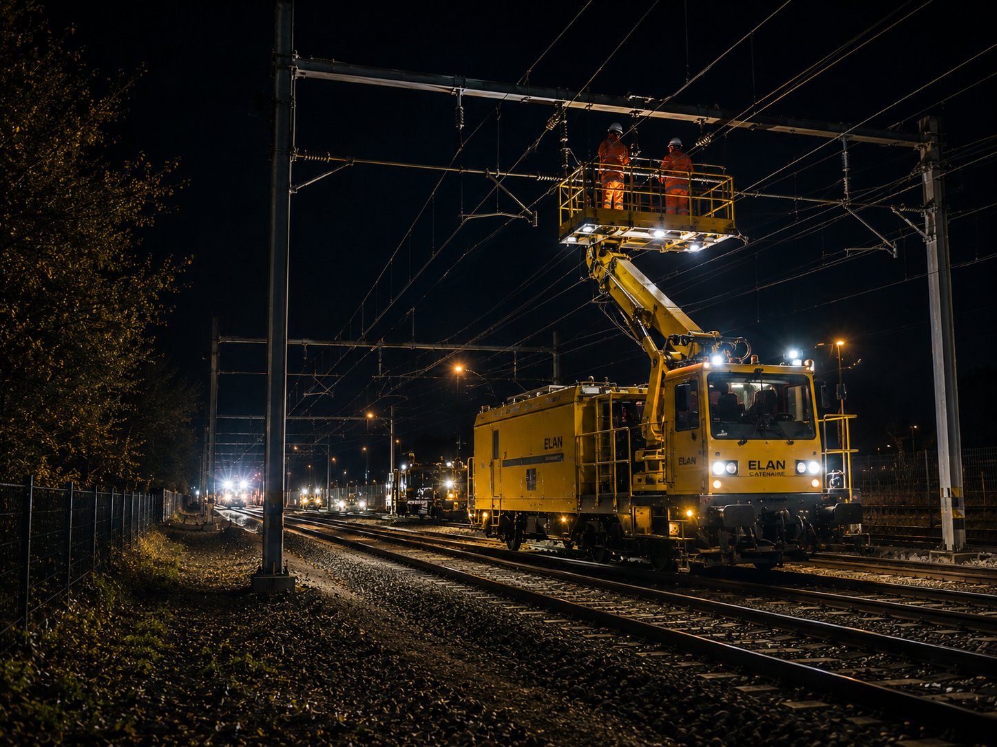 Chantier caténaire Pro Cat de nuit avec nacelle ELAN